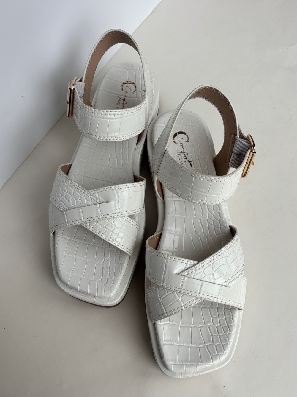 White Croc-Embossed Slingback Sandals